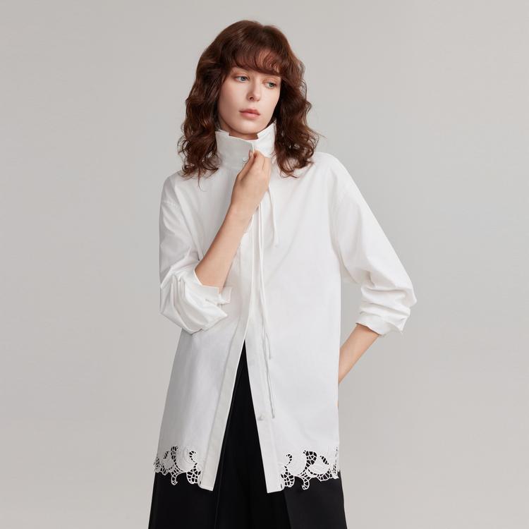 ELLE French Elegant Solid Color Lace Design Button Long Sleeve Shirt Women shirts White EC50353