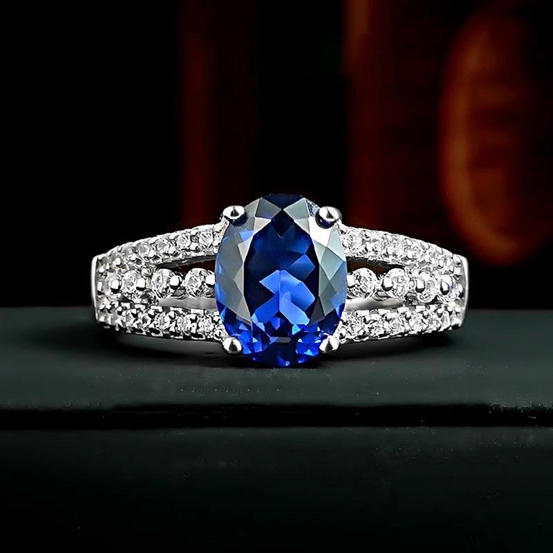 

2026 New European and American Fashion Blue Zircon Ring, Women s High-end Light Luxury Oval Geometric Multi-layer Design Zircon 10