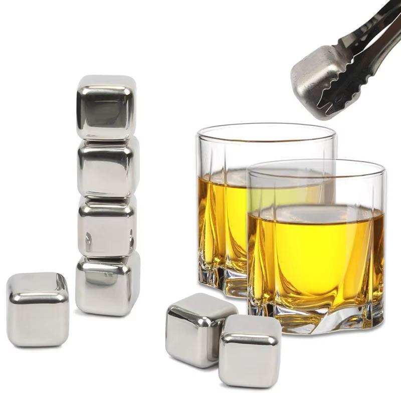6pcs/set Stainless Steel Reusable Ice Cubes Chilling Stones with Tongs Whiskey Stones Drink Coolers for Wine YY021