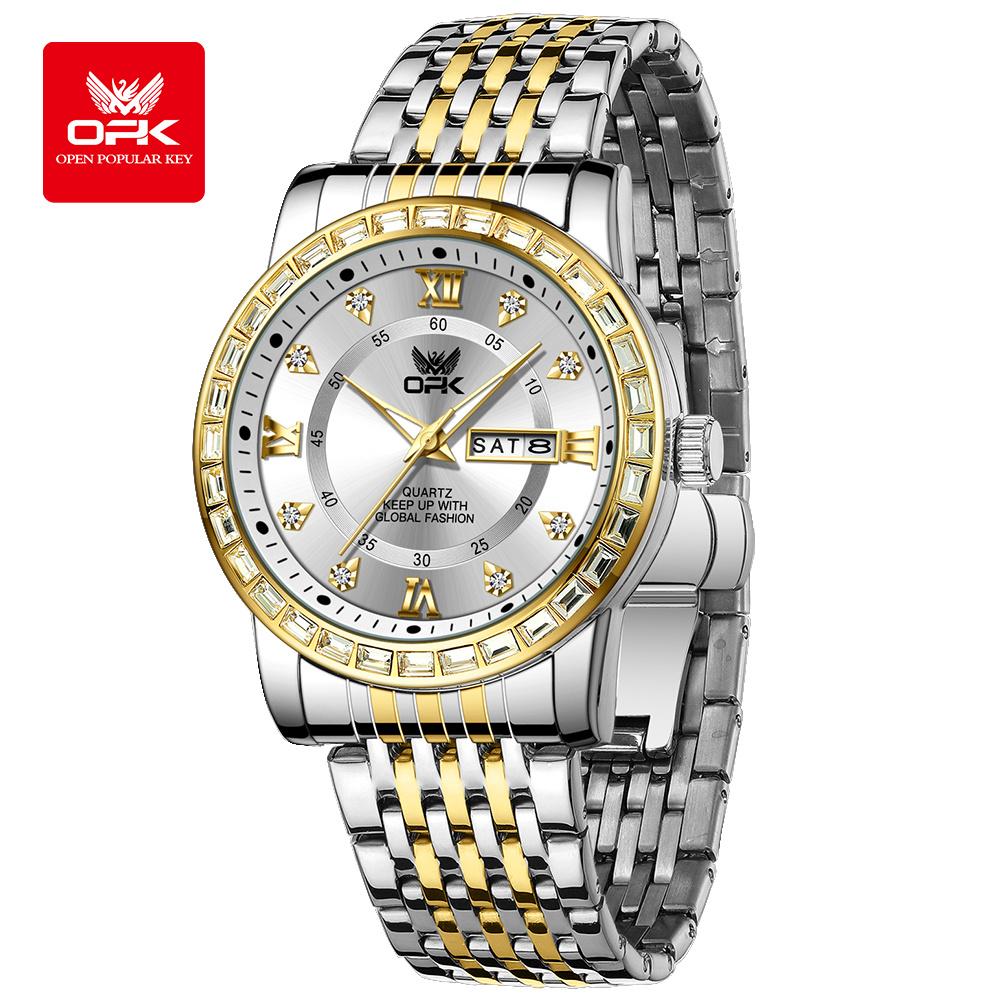 OPK 8174 Quartz Watches for Men Fashion Diamond Bezel Auto Date Week Waterproof Luminous Classic Business Men's Wristwatches