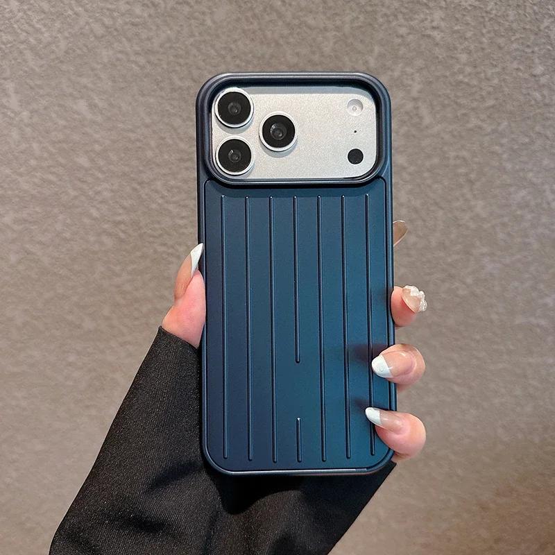 Coque de téléphone texture bagage rayée de luxe pour 18 17 16 15 14 13 Pro Max antichoc couleur titane brillante housse business iPhone17 Pro
