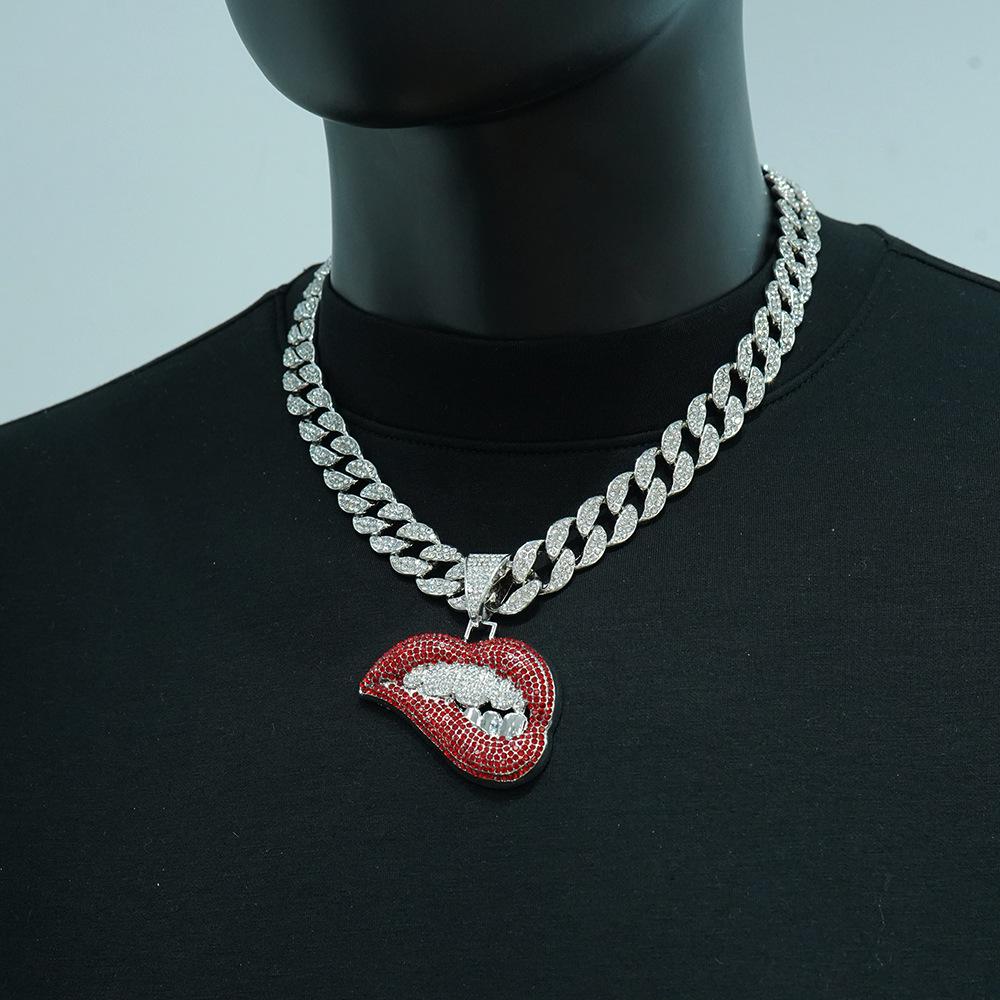 Colorful Diamond Lip Bite Pendant Hip Hop Cuban Chain Necklace