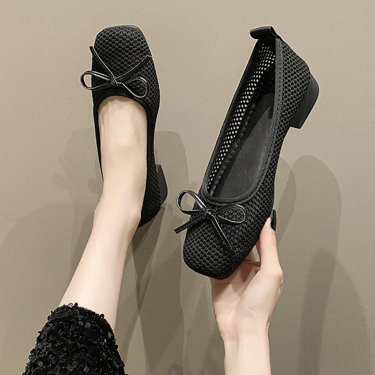 Fashion breathable hollow mesh flat bottom square head single shoes women's flat heel soft sole bow cool single shoes spring and summer