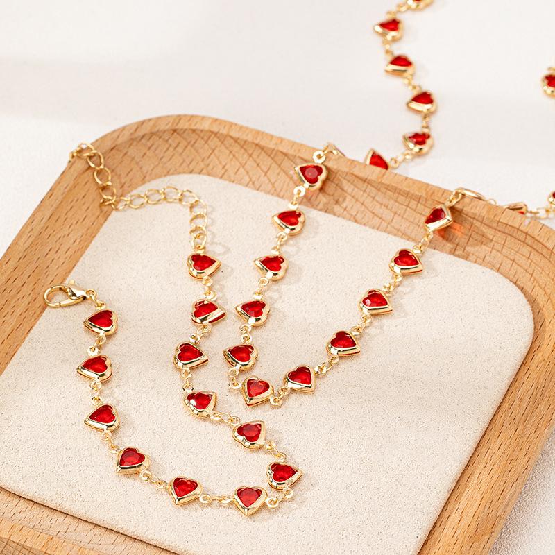 Meier Metallic red heart gemstone women's bracelet necklace jewelry set