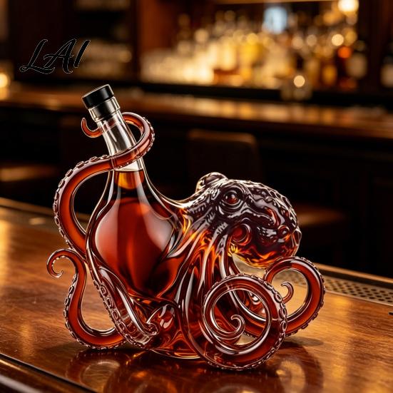 3D Octopus Bottle Octopus-Shaped Glass Decanter Artistic Borosilicate for Whiskey Wine Soda Liquid Display 350ml Decorative Bottle Unique Bar Decor