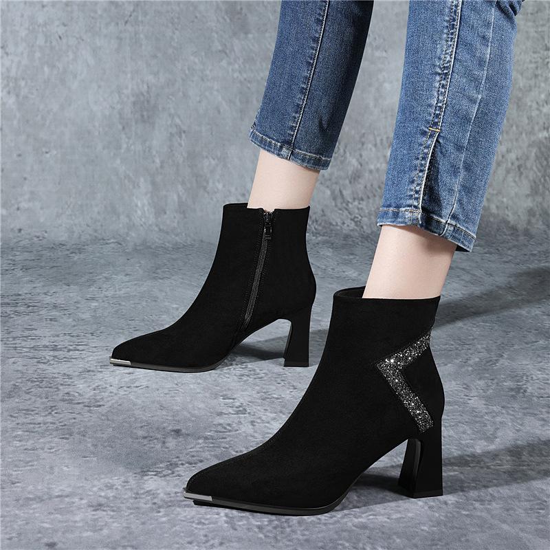 Frosted Short Boots Women's Autumn and Winter New Pointed Thick Heel Boots Velvet High Heels Fashion Martin Boots Cotton Shoes