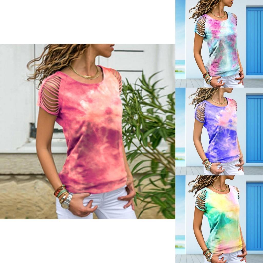 Womens Vibrant Tie-dye Printed Tops Casual Short Sleeve Blouse Perfect For Summer