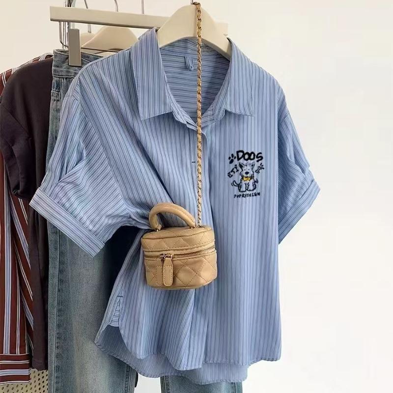 Ladies Dog Embroidered Solid Color Striped Shirts French Leisure Lapel Women's Short Sleeved Blouses Summer Casual Single Breasted Female Top