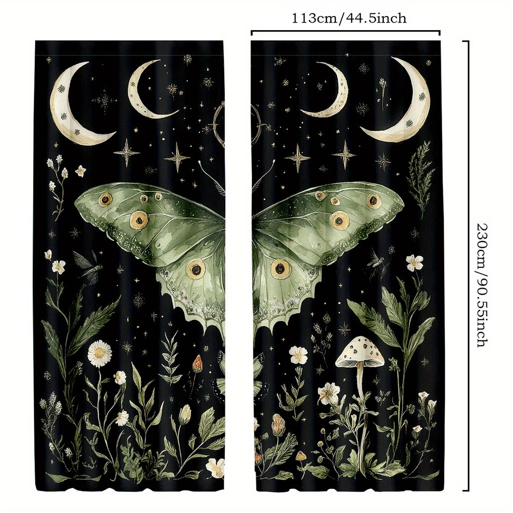 Moth And Moon Curta Botanical Art Print Window Drapes Spiritual Home Decor Living Room Bedroom Boho Style Unique Design