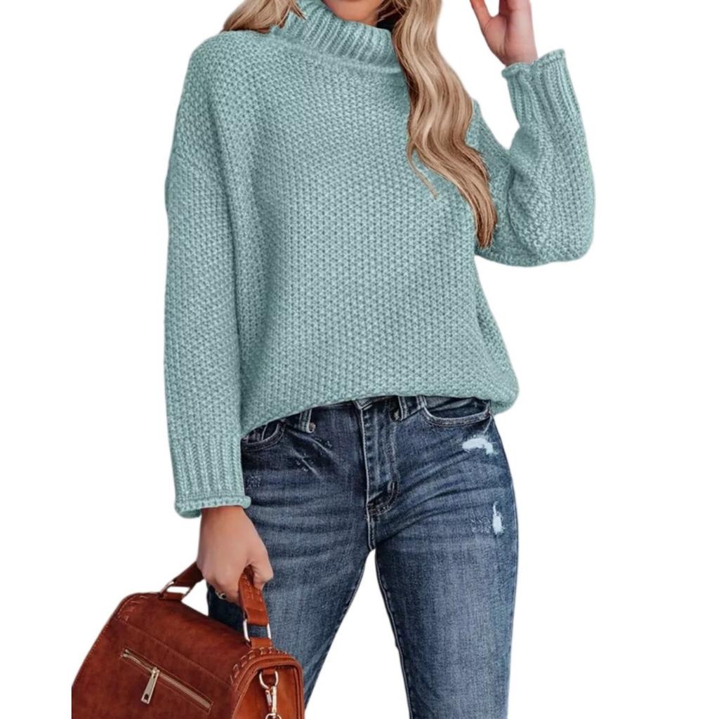 Fashionable Women's High-neck Knitted Sweater With Long Sleeves And Rolled Hem