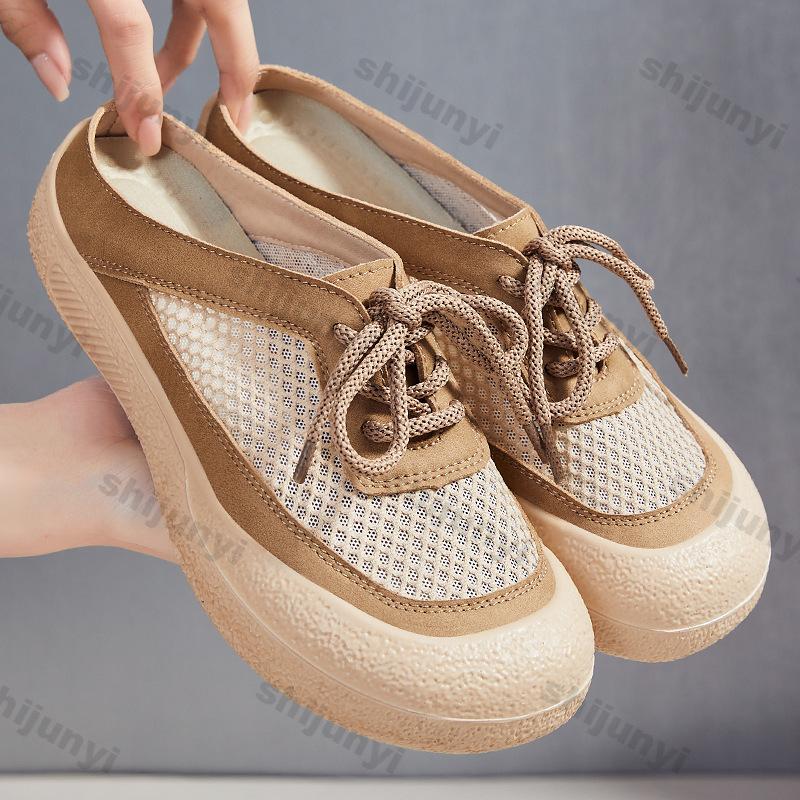Damenschuhe 2026 Sommer Neu Vintage Atmungsaktives Netz Rutschfest Halb-Slipper Bequeme Weiche Sohle Outdoor Damen Freizeit Sandalen
