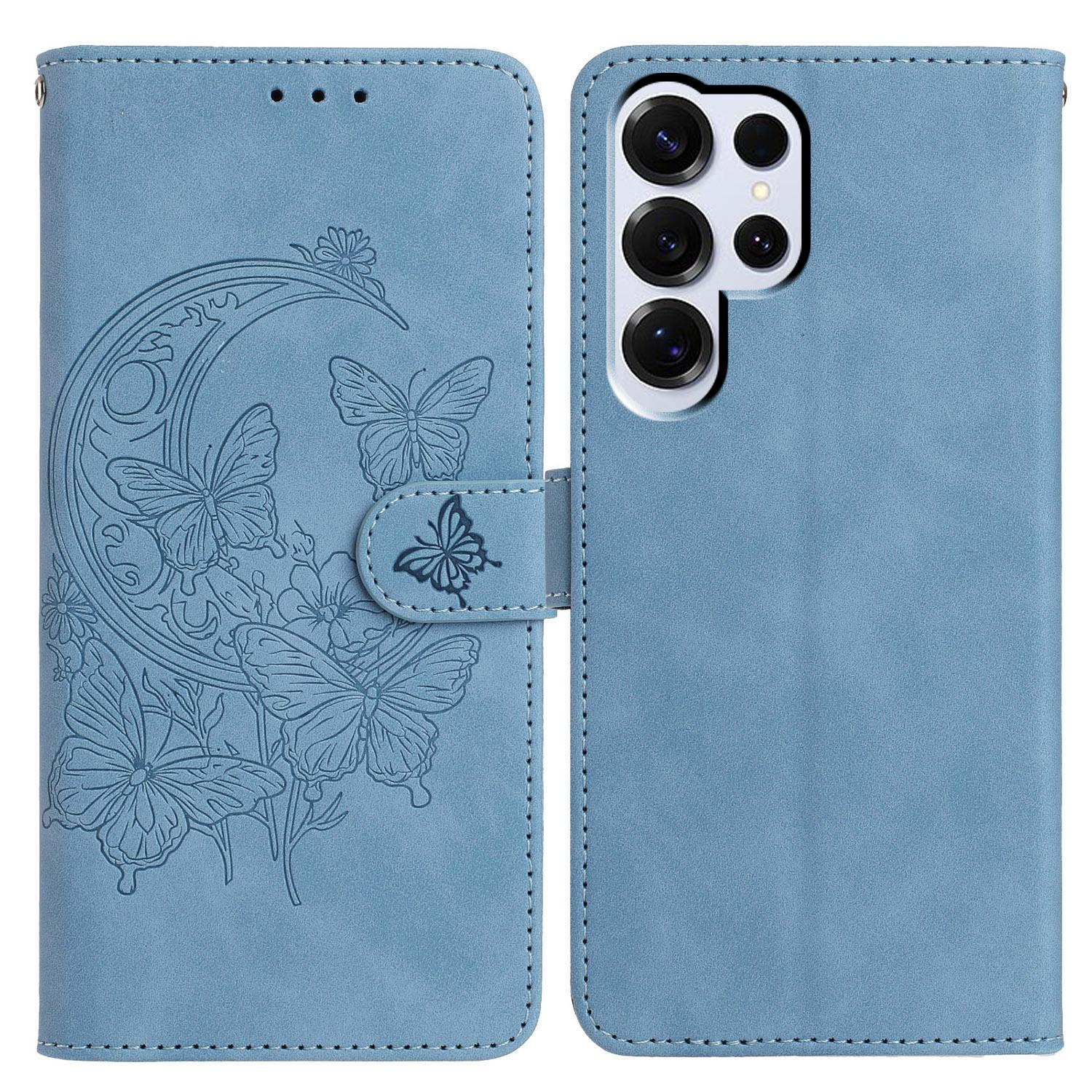 

For Samsung Galaxy S25 Ultra Case Butterfly Flower Imprinted PU Leather Wallet Stand Phone Cover Sky Blue