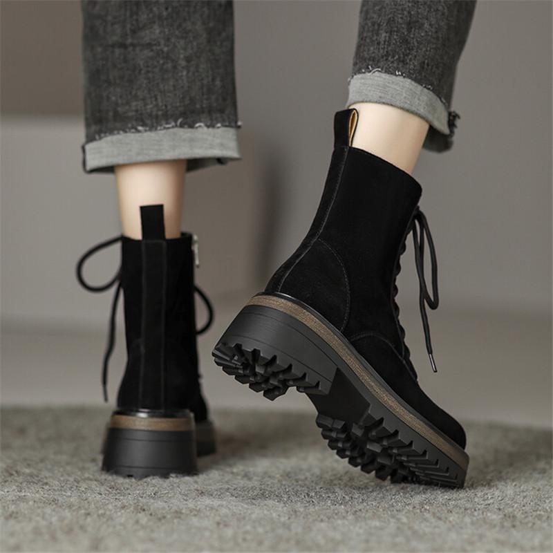 Fashion New Autumn Winter Cow Suede Women Boots Fashion Lace Platform Boots for Women Chunky Heel Short Boots Botines Mujer High Heels