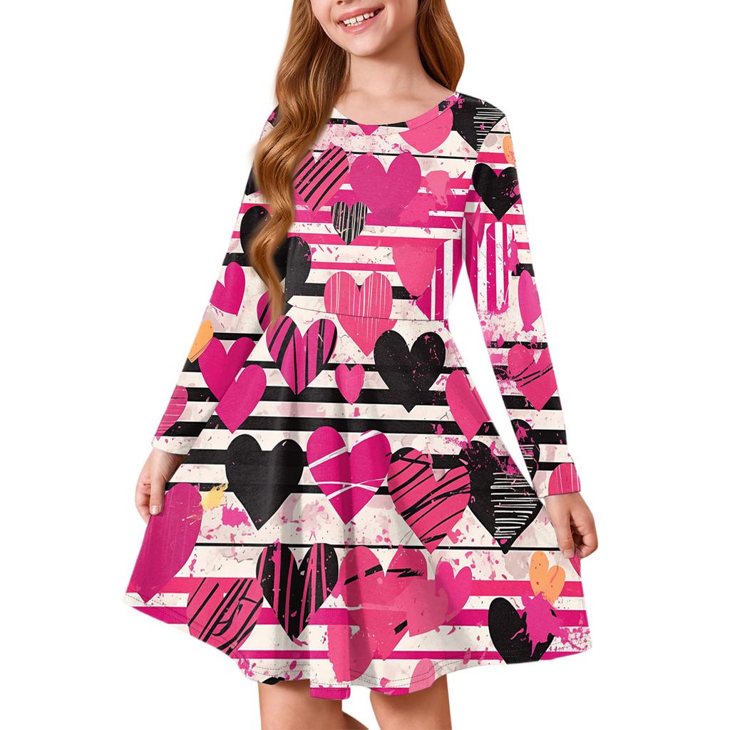 Letnia sukienka księżniczki dla dziewczynek - Sukienka T-shirtowa A-line z długim rękawem Walentynki