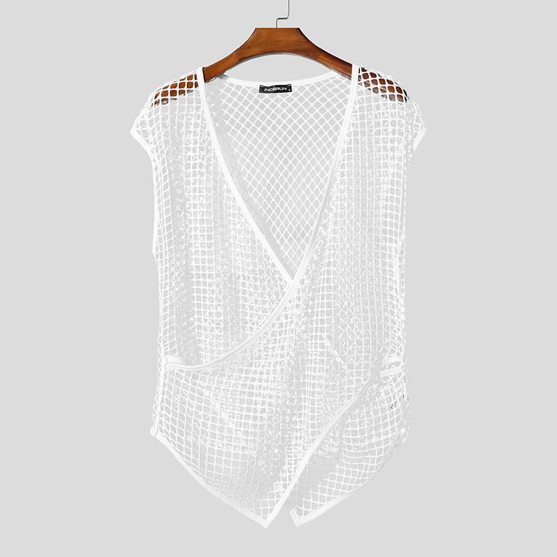 

INCERUN Летние мужские майки с глубоким V-образным вырезом, полые спереди, крест-накрест, пляжные, для отпуска