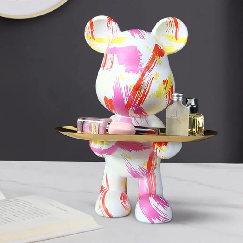 Creative Home Accessories Graffiti Bear Figurine Animal Statue Keys Storage Shelf Modern Room Sculpture Table Decor Statues