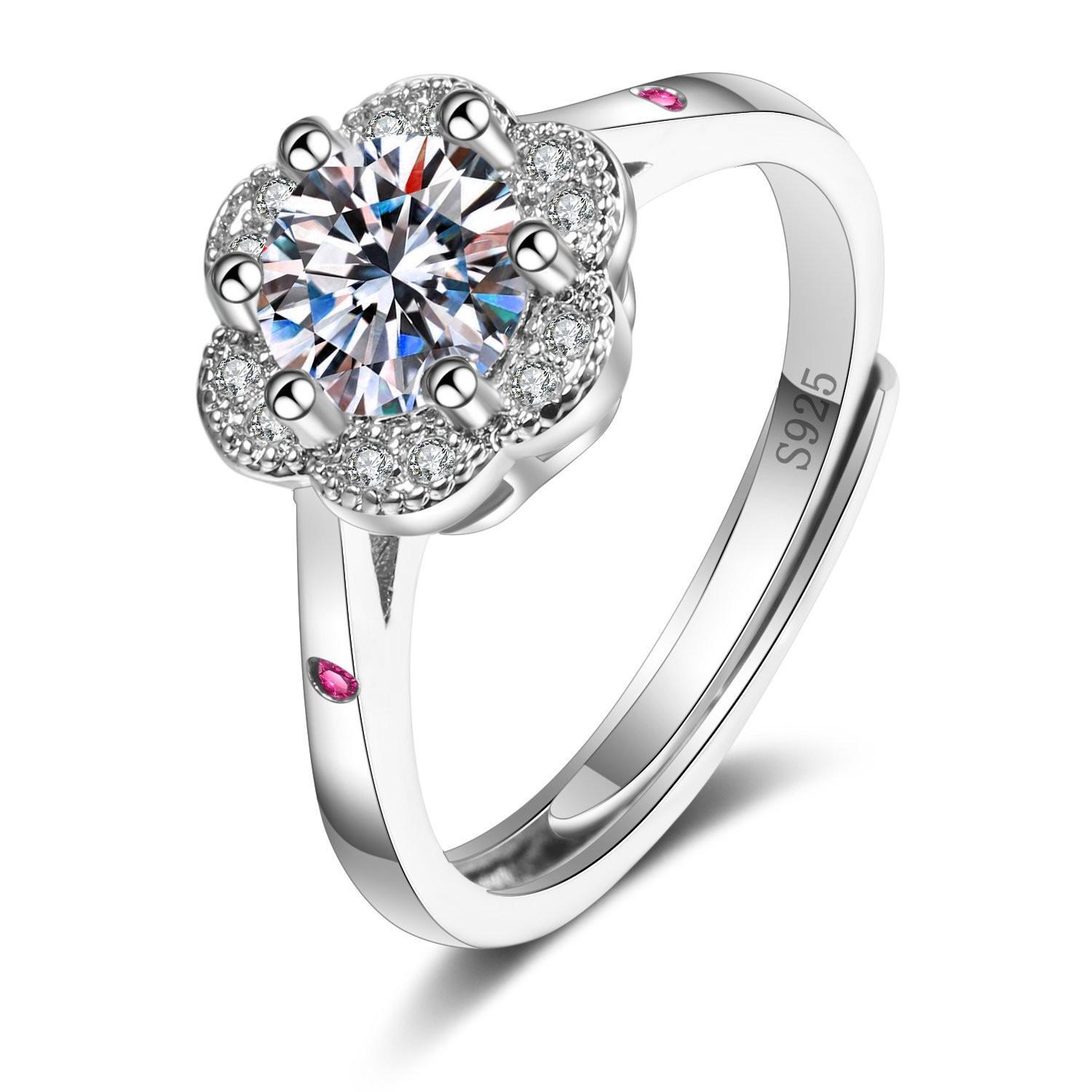 Micro Paved Six Prong Moissanite Style Simulated S925 Silver Engagement Ring Trending Proposal Diamond Ring for Women Wholesale opening adjustable