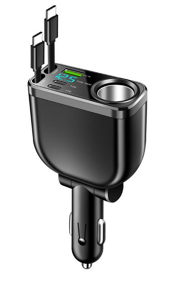 Carregador Digital 5 em 1 para Carro com Cabo Retrátil e Carregamento Super Rápido PD