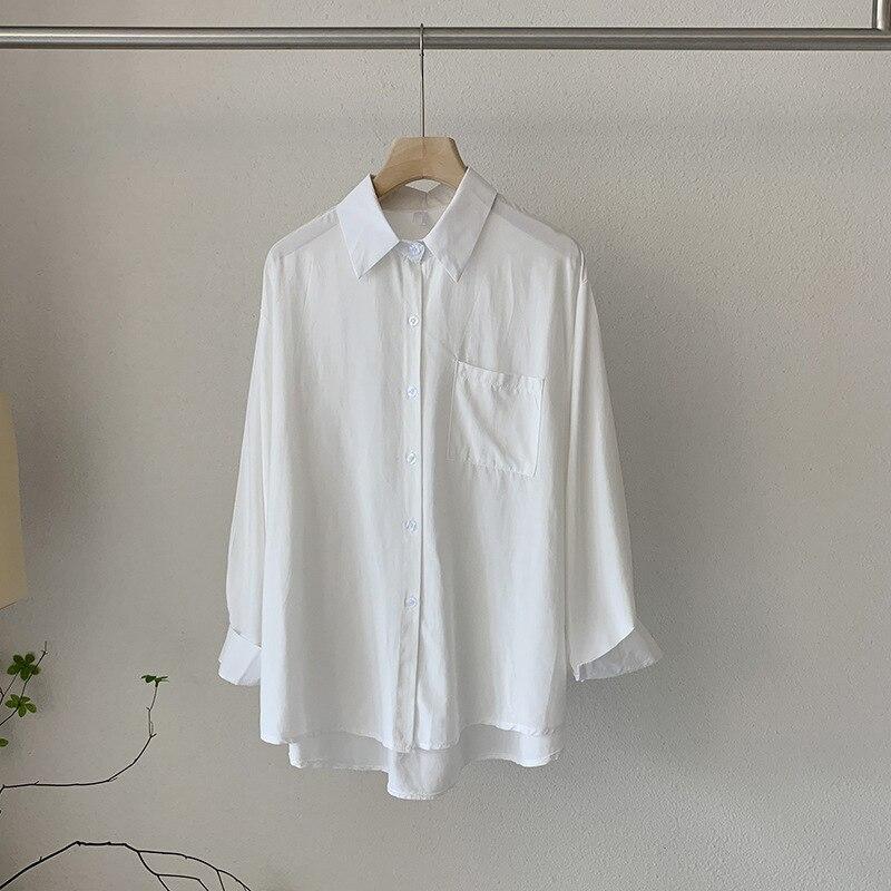 

Модная офисная рубашка для женщин, повседневная свободная хлопковая белая однотонная блузка с длинными рукавами, женские элегантные однотонные топы, женская одежда 25840 One Size