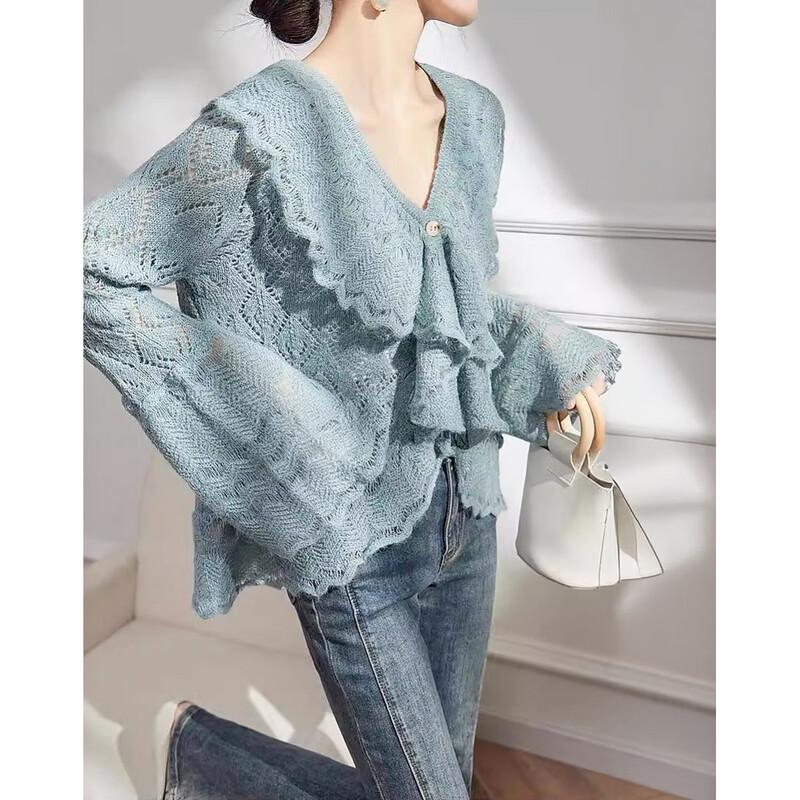 Elegant Ruffle V-Neck Wool Blend Cardigan M