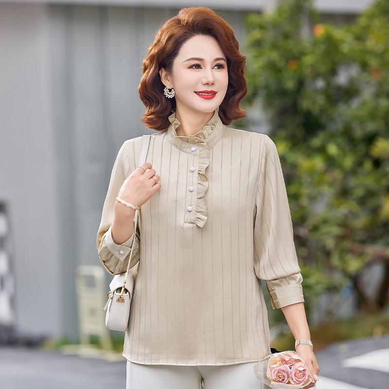 

2026 Spring Long Sleeve Lace Collar Striped T-shirt for Middle-aged Women 3XL (120-135 kg) шампанского