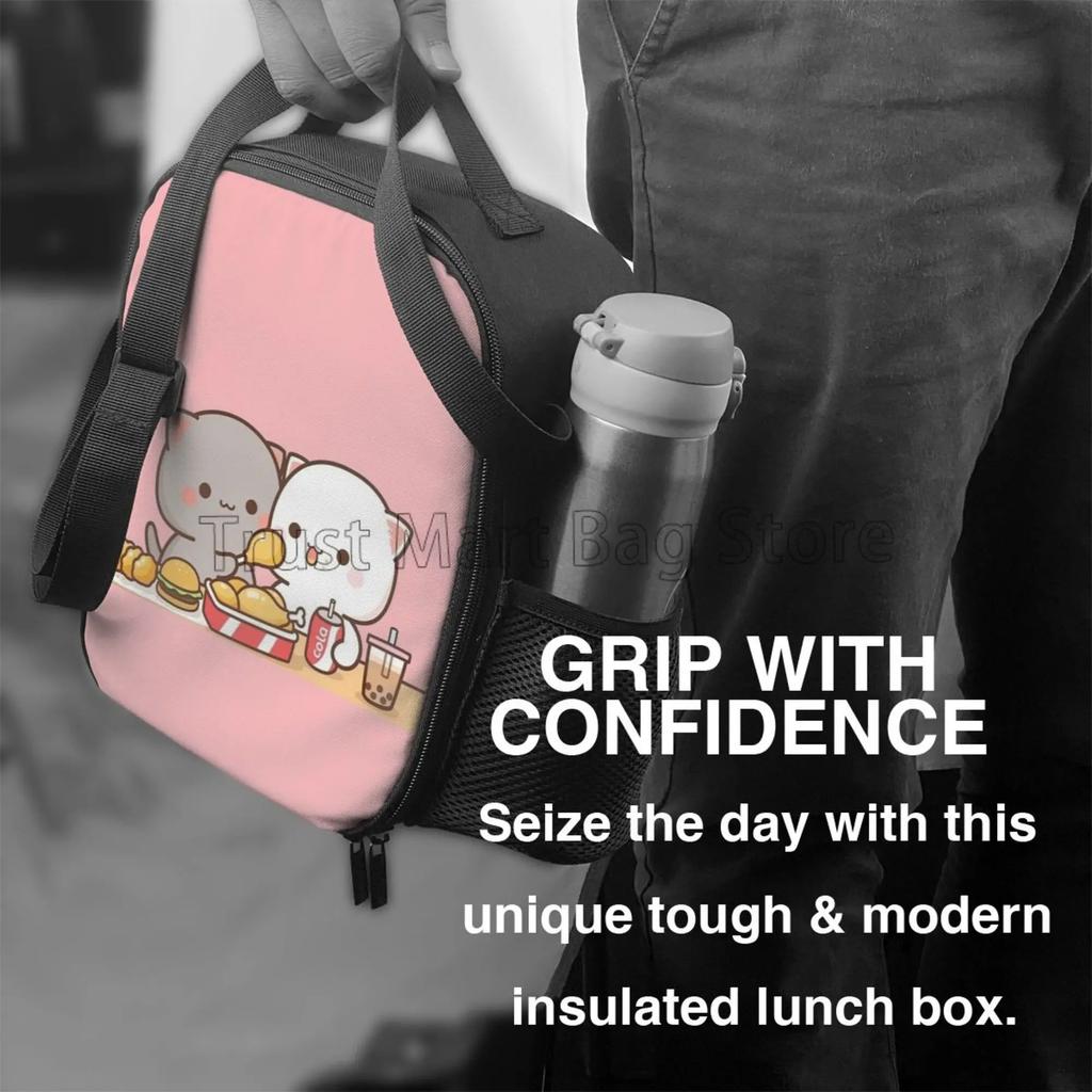 Cartoon Peach and Goma Mochi Cat Insulated Lunch Bag Resuable Leakproof Cooler Thermal Bento Bag with Adjustable Shoulder Strap