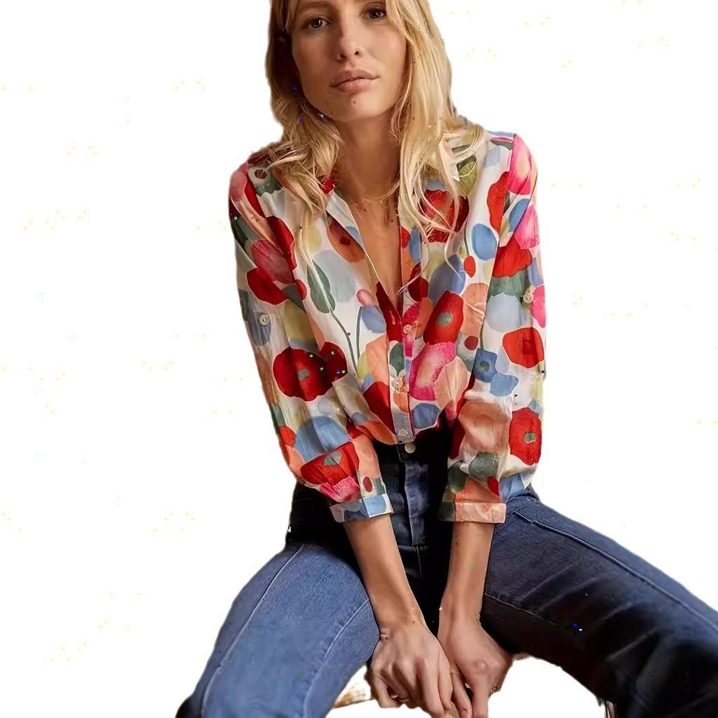 3D Floral Pattern Print Fashionable Long Sleeved Vibrant Women's Blouses & Shirts