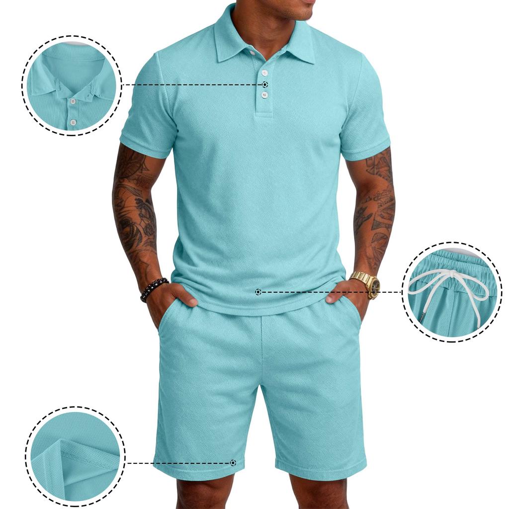 Men Short Sleeve Polo Shirt and Shorts Set Casual Two Piece Outfits Button Down Collar Top and Elastic Waist Bottoms for Daily Wear