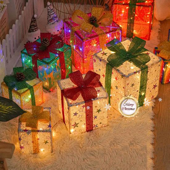 3 Stück Weihnachtsgeschenkboxen mit Beleuchtung und Schleife LED Leuchtende Geschenkboxen für Innen- und Außenbereich Zuhause Veranda Weihnachtsbaum Partydeko
