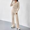 Europe, America, autumn and winter high-end women's sweater fashion wide-leg pants V-neck short knitted cardigan two-piece set