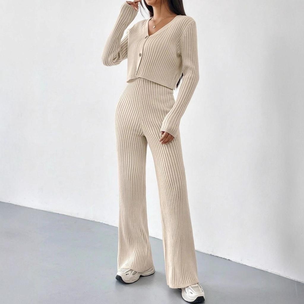 Europe, America, autumn and winter high-end women's sweater fashion wide-leg pants V-neck short knitted cardigan two-piece set