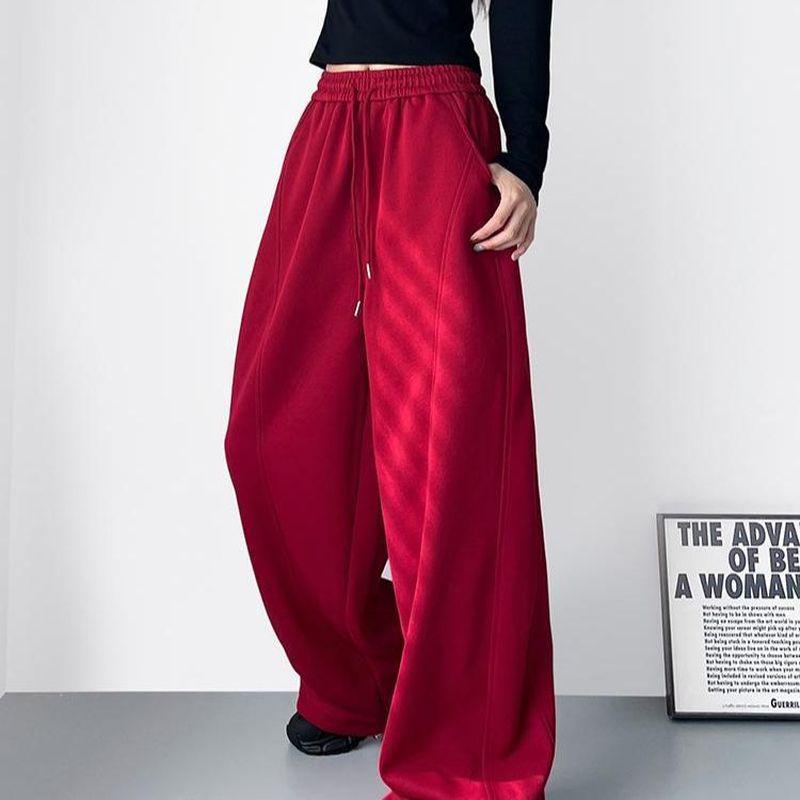 Red High-Waisted Wide-Leg Fleece-Lined Sweatpants for Girls & Women - Drapey Lazy Style Slimming Plus-Size Autumn New Arrival
