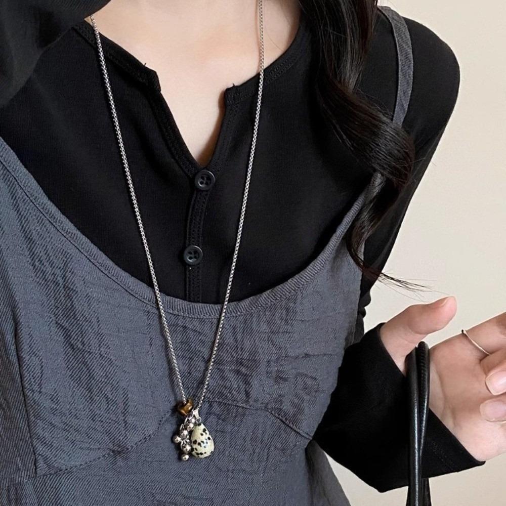 Exquisite Spotted Tiger Eye Stone Long Chain Necklace Long Chain Irregular Pendant Long Versatile Clavicle Metal Sweater Chain