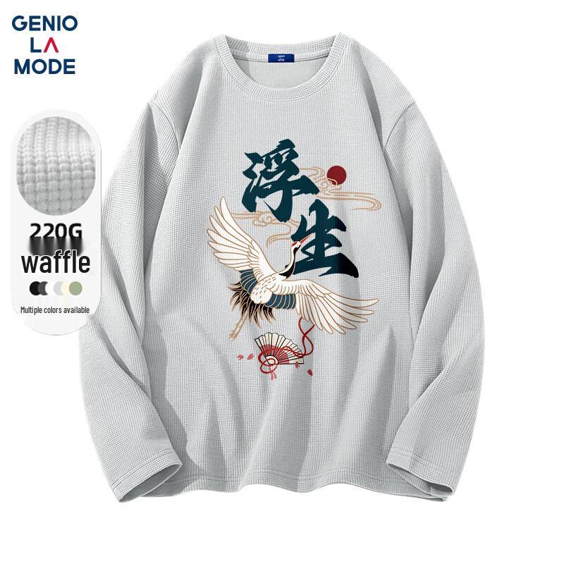 GENIOLAMODE Men's Chinese Crane Print Waffle Knit Long-Sleeve T-Shirt