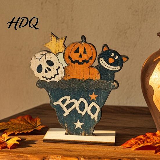 Minimalist Home Accessories Cute Halloween Black Cat Pumpkin Skull Decor Vintage Boo Wooden Unique Table Ornaments Signs Tabletop Decoration