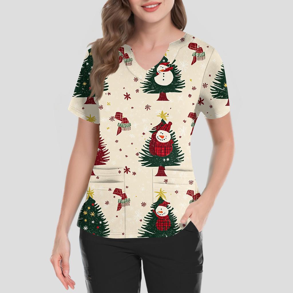 Women's Short Sleeved Christmas Printed V-neck Buttonable Side Slit Top T-shirt