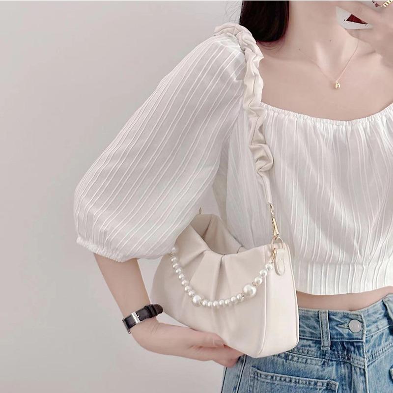 French versatile white pleated cloud bag for women, new pearl chain underarm bag, shoulder messenger bag for women