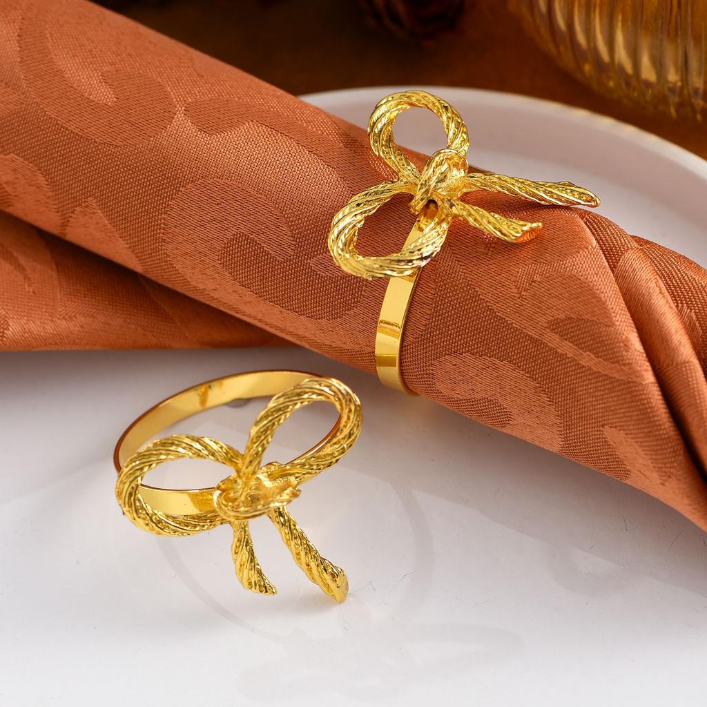 6Pcs Bow Christmas Napkin Rings Vintage Gold Ring Holders for Table Cloth Napkins for Dinner Parties Wedding Banquet Table Decor