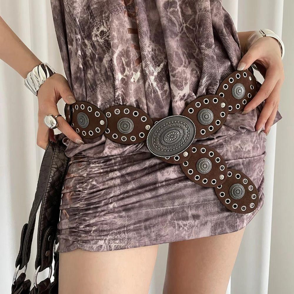 

Pu Leather Oval Waist Belt Y2k Dress Jeans Belt Trendy Women s Belt Cowgirl коричневий