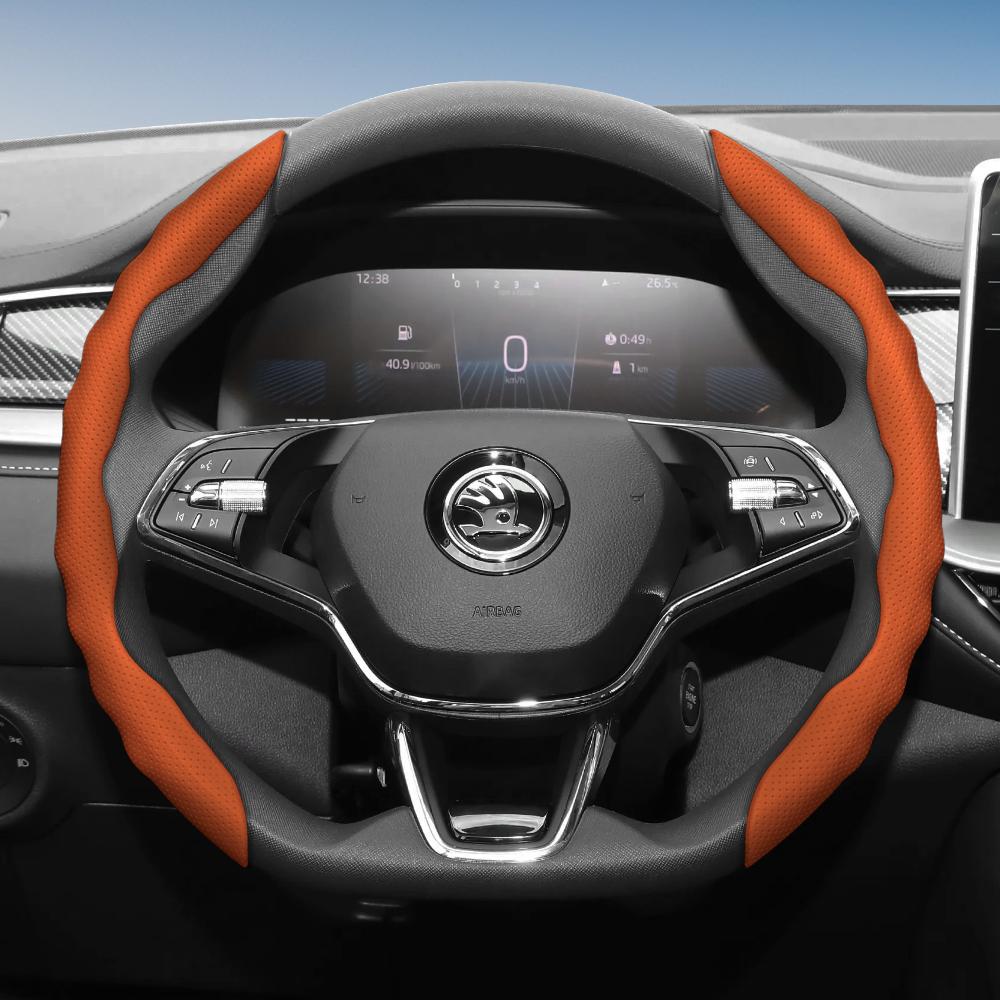 Suitable for Skoda Steering Wheel Cover with Wavy Sports Design, Breathable Leather, Segmented, Non-Slip, Sweat-Absorbent Protection for Octavia,
