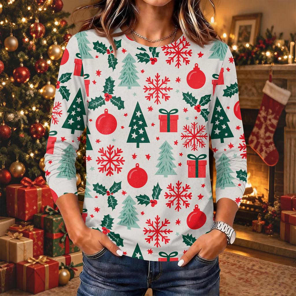 Women's Christmas Print Neck Long Sleeve Pullover Top