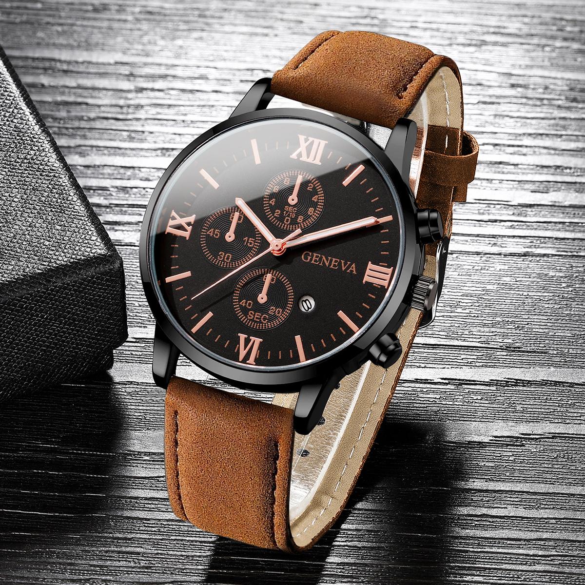

1PC Fashion Men s Casual Calendar Watch Men s Bussiness Temperament Leather Quartz Watch Unisex Watch Set (Box Not Included) бронзовий