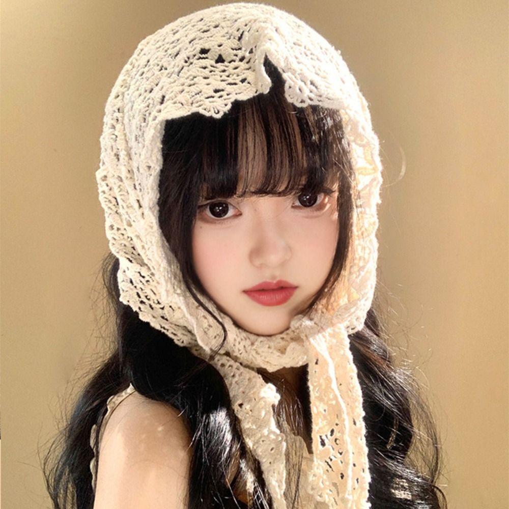 Sheer Mesh Floral Lace Scarf Hollow Design Crochet Headscarf Cute Beach Hair Band  Beach Outfits