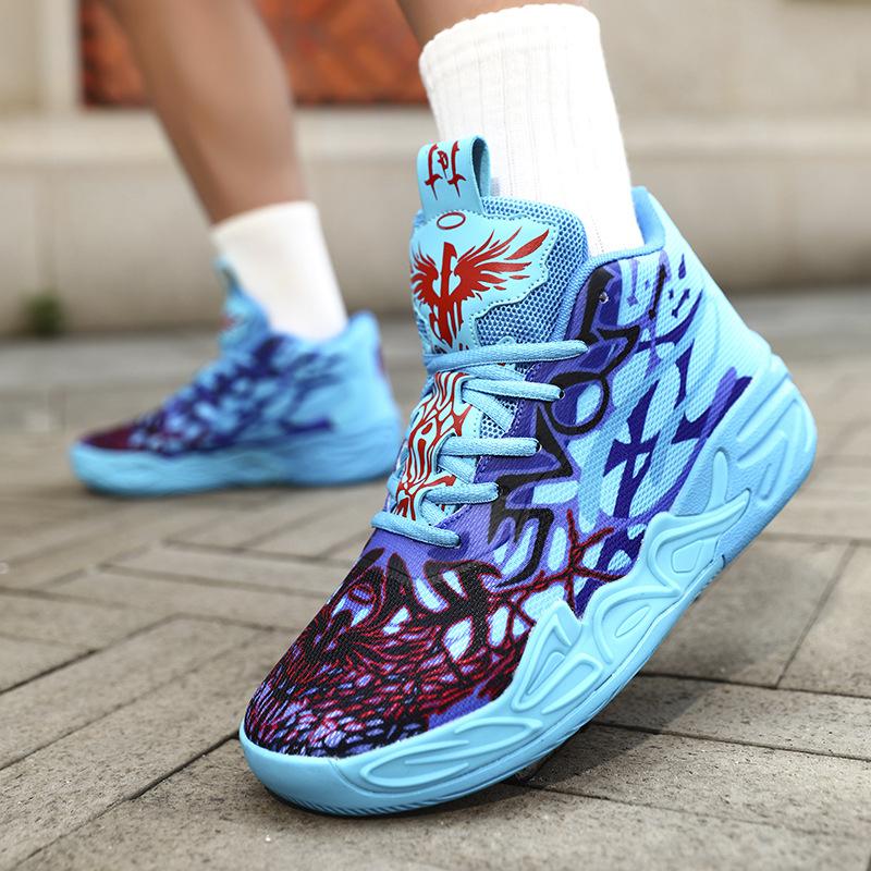 Basketbalové boty nové dětské basketbalové boty pro mládež mandarínská kachna síťovina fly-woven sportovní boty bojové boty vysoké tréninkové boty