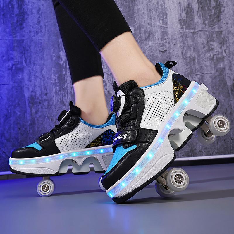 

2025 NEW Pulley Shoes with LED 4 Wheel Deform Retractable Roller Skate Shoes Sneakers Skating Parkour with Wheels for Girls Boys 43