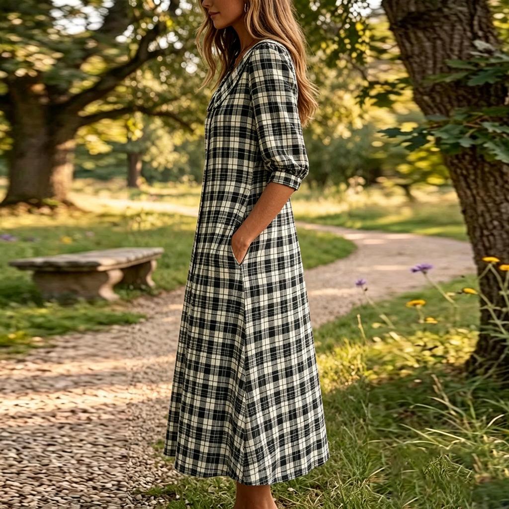 Women's Short Sleeve Plaid Dress - Lapel Collar Single Breasted Casual Button Down Dress