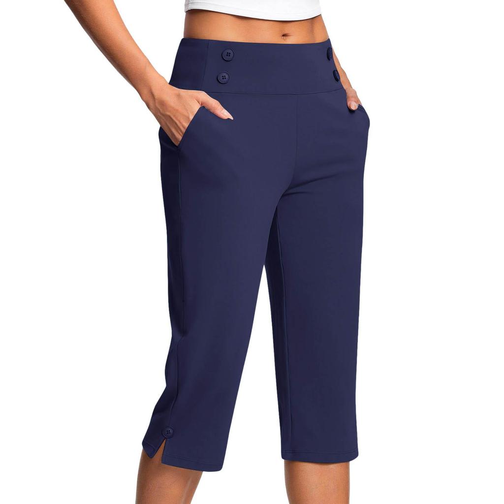 Women's High Waist Straight Leg Capri Pants Casual Solid Color Yoga Cropped Trousers