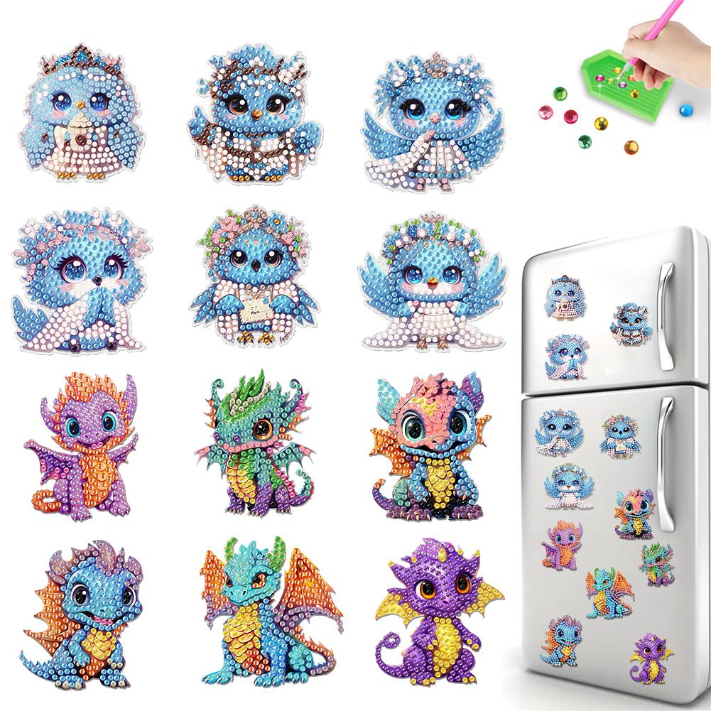 12PCS 2D Flat DIY Diamond Painting Refrigerator Magnet Round Diamond Crystal Refrigerator Magnet Diamond Art Kits for Home Decor