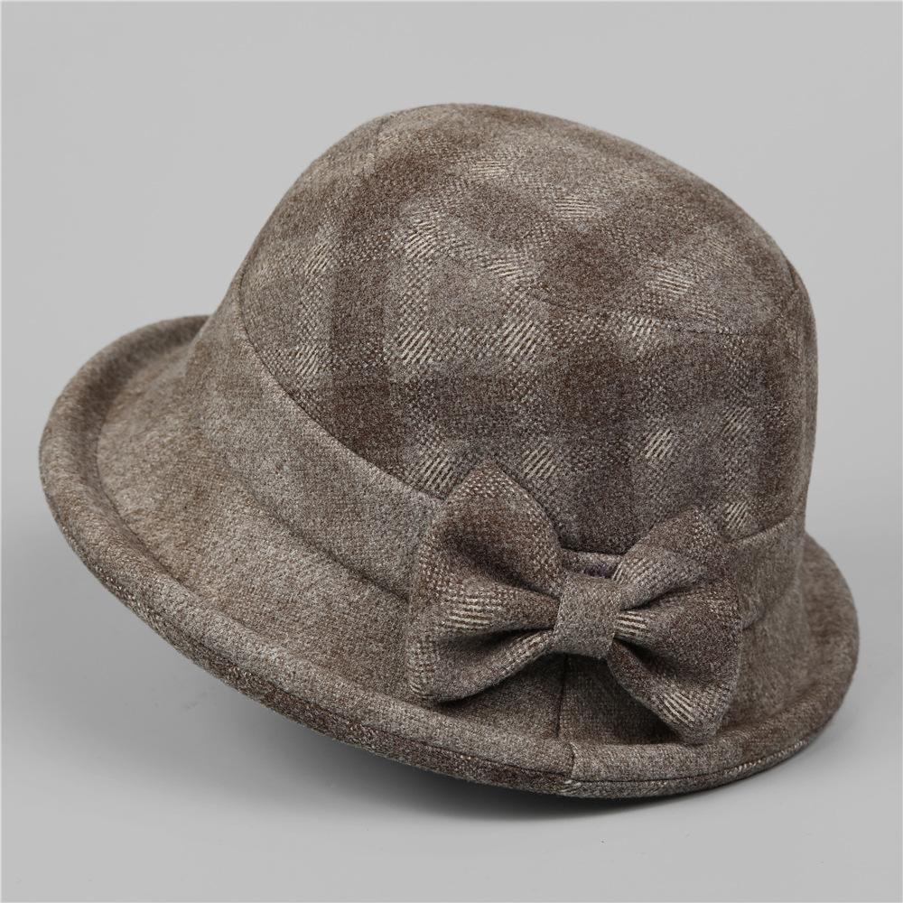 Middle-Aged Old Man Season Elegant Bow Mom Hat Female Thickened Woolen Basin Hat Grandma Plaid Bucket Hat