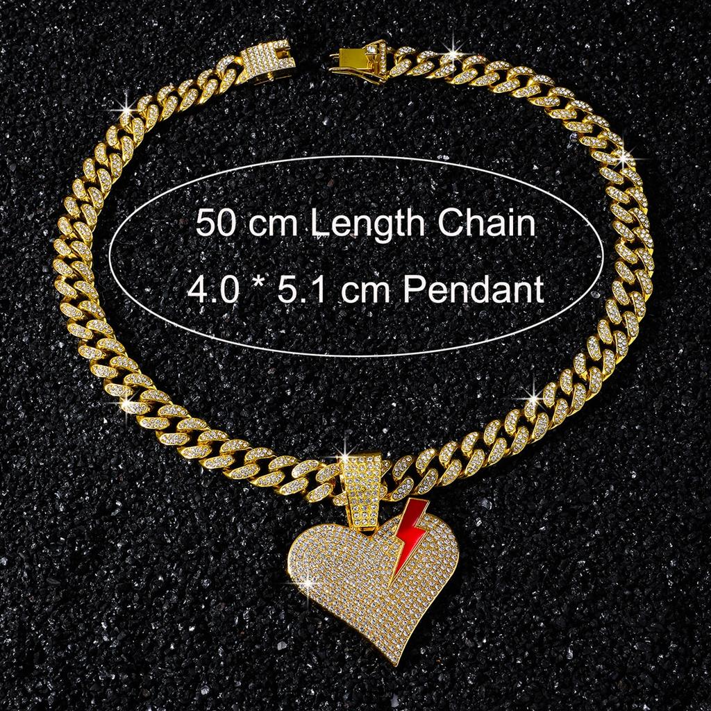 Iced Out Lightning Heart Pendant Necklaces Alloy Gold Plated Crystal Cuban Chain Hip Hop Bling Jewelry with Red Enamel Lightning